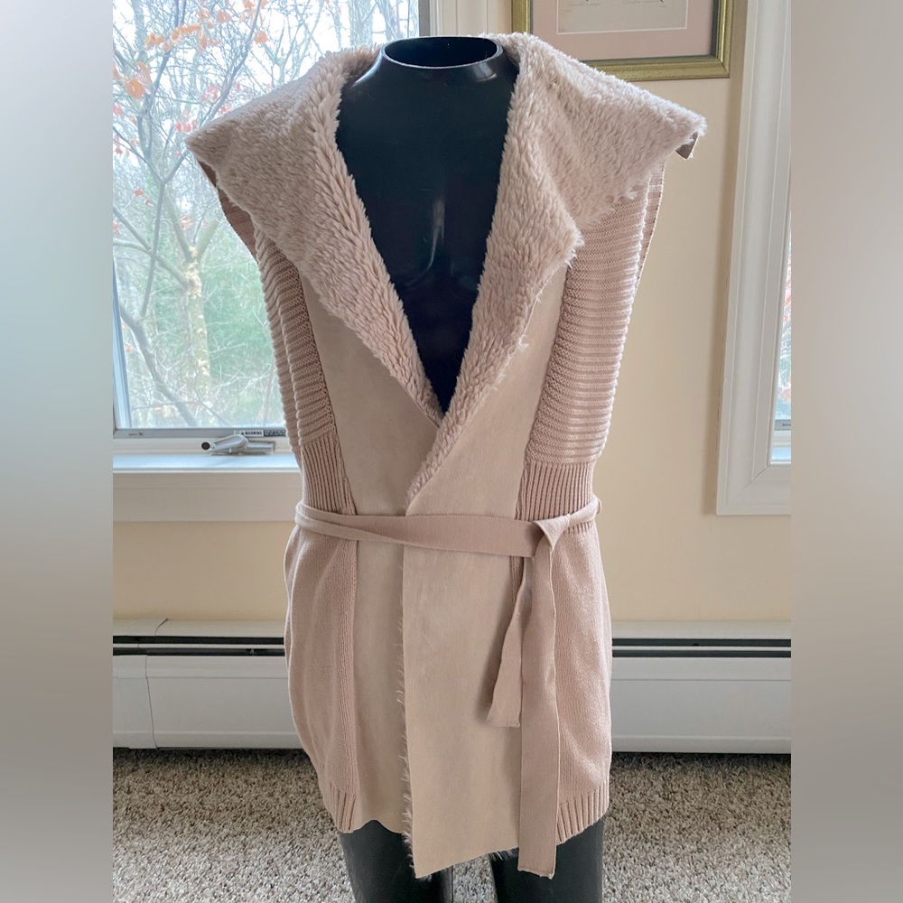 faux fur knitted cardigan cotton blend latte beige Belt women S